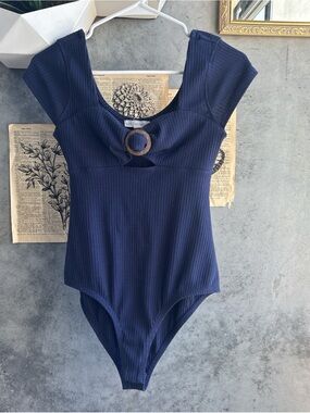 Coco + Jaimeson Navy Ribbed Bodysuit with Wooden Ring Accent